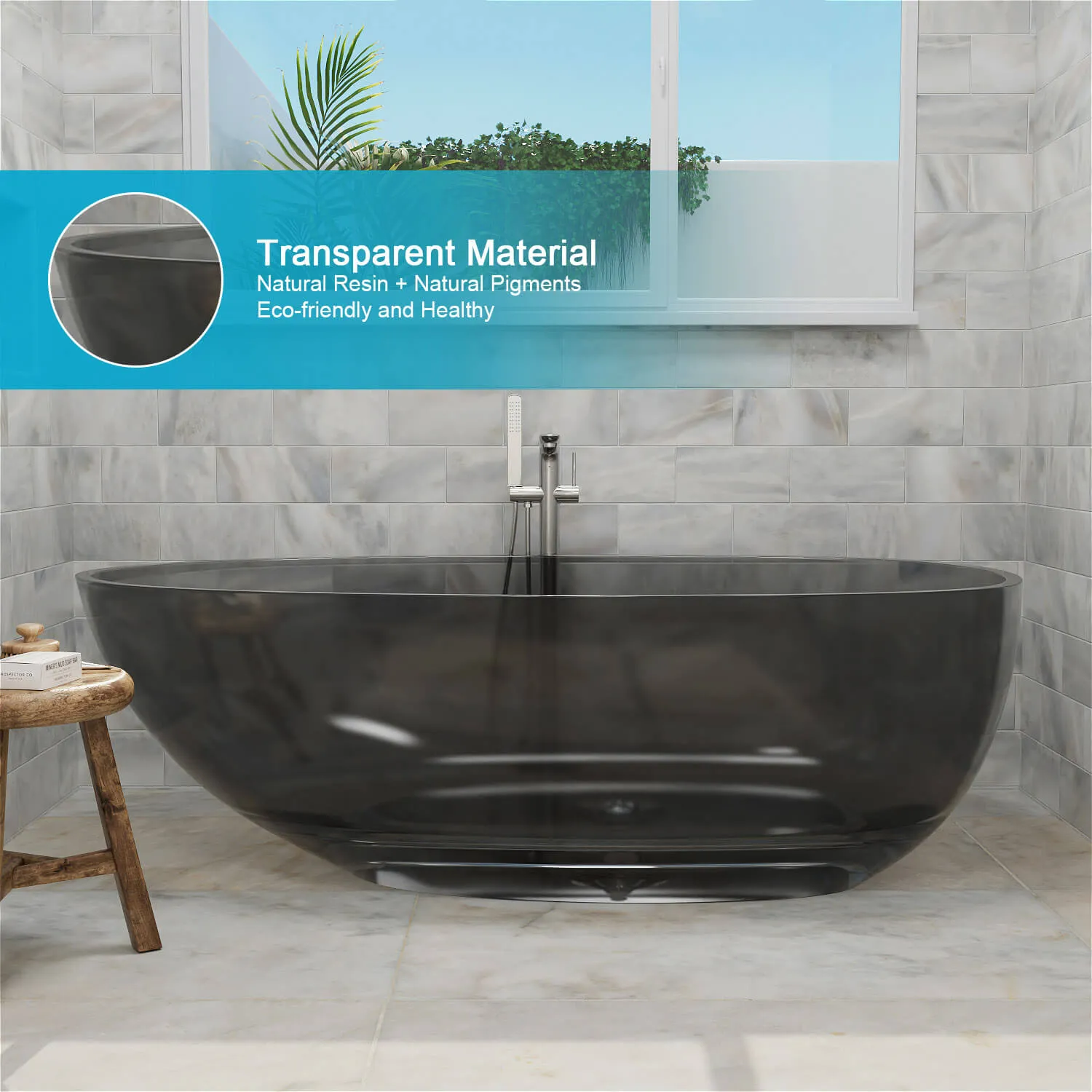 63" Modern Art Resin Tub, Gray Transparent Egg Shape Freestanding Soaking Bathtub for Hotels