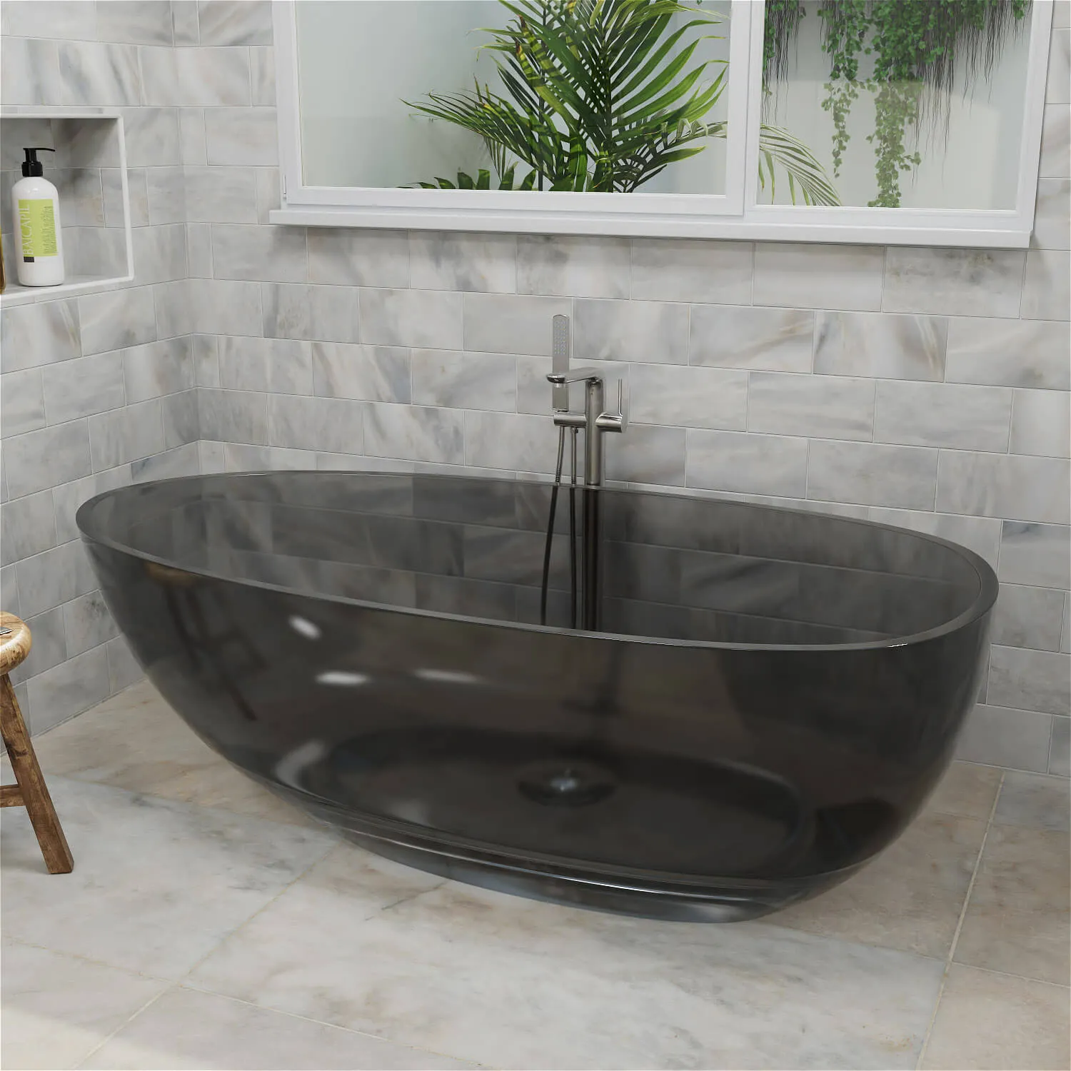 63" Modern Art Resin Tub, Gray Transparent Egg Shape Freestanding Soaking Bathtub for Hotels