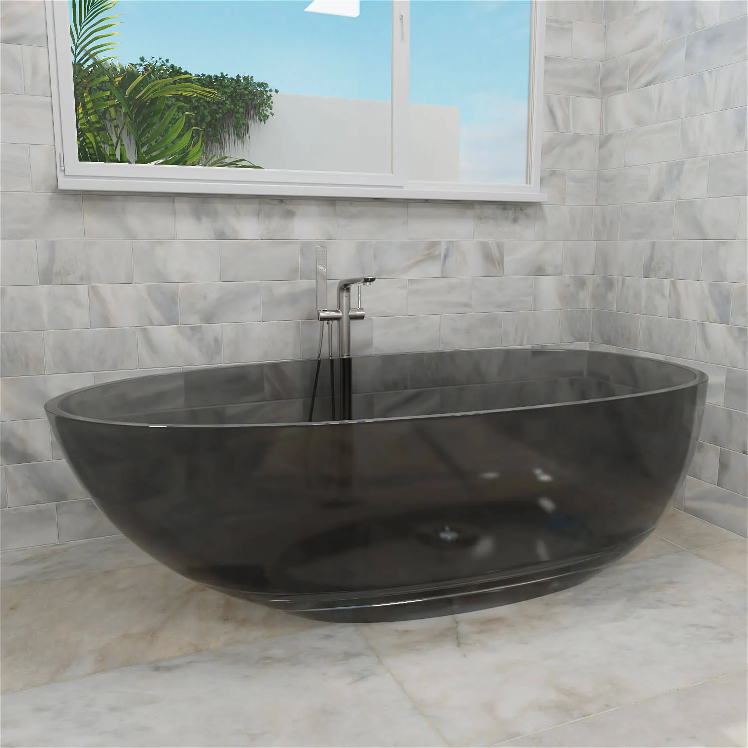 63" Modern Art Resin Tub, Gray Transparent Egg Shape Freestanding Soaking Bathtub for Hotels