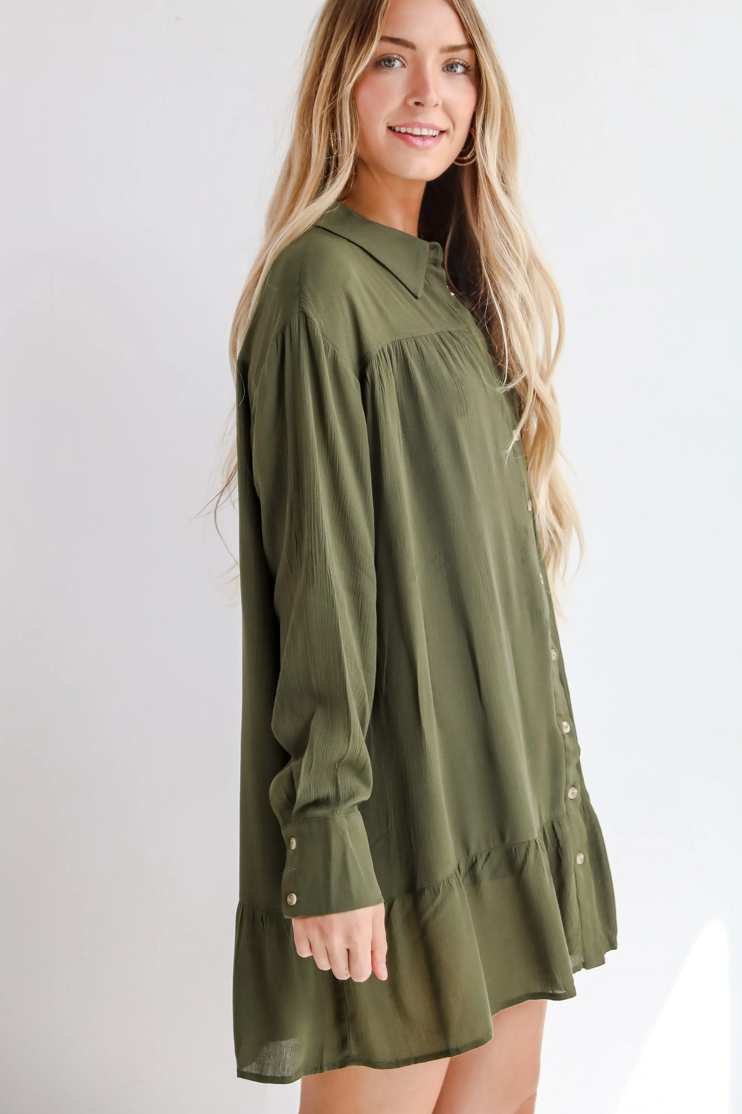 Approachably Adorable Olive Button Front Mini Dress