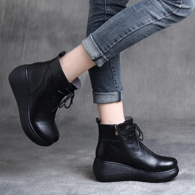 Autumn Winter Retro Leather Comfortable Wedge Boots