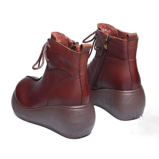 Autumn Winter Retro Leather Comfortable Wedge Boots