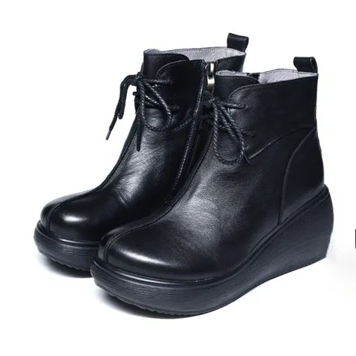 Autumn Winter Retro Leather Comfortable Wedge Boots