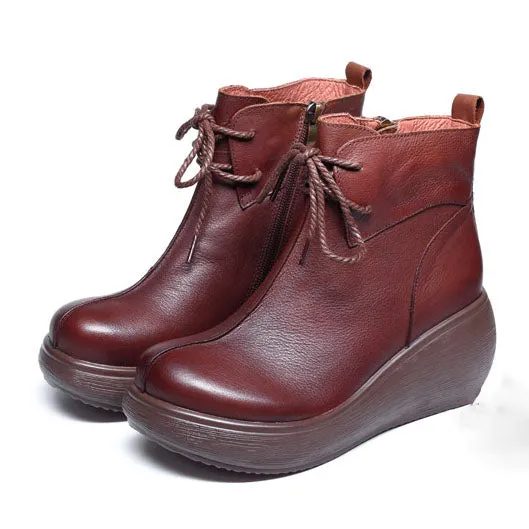 Autumn Winter Retro Leather Comfortable Wedge Boots