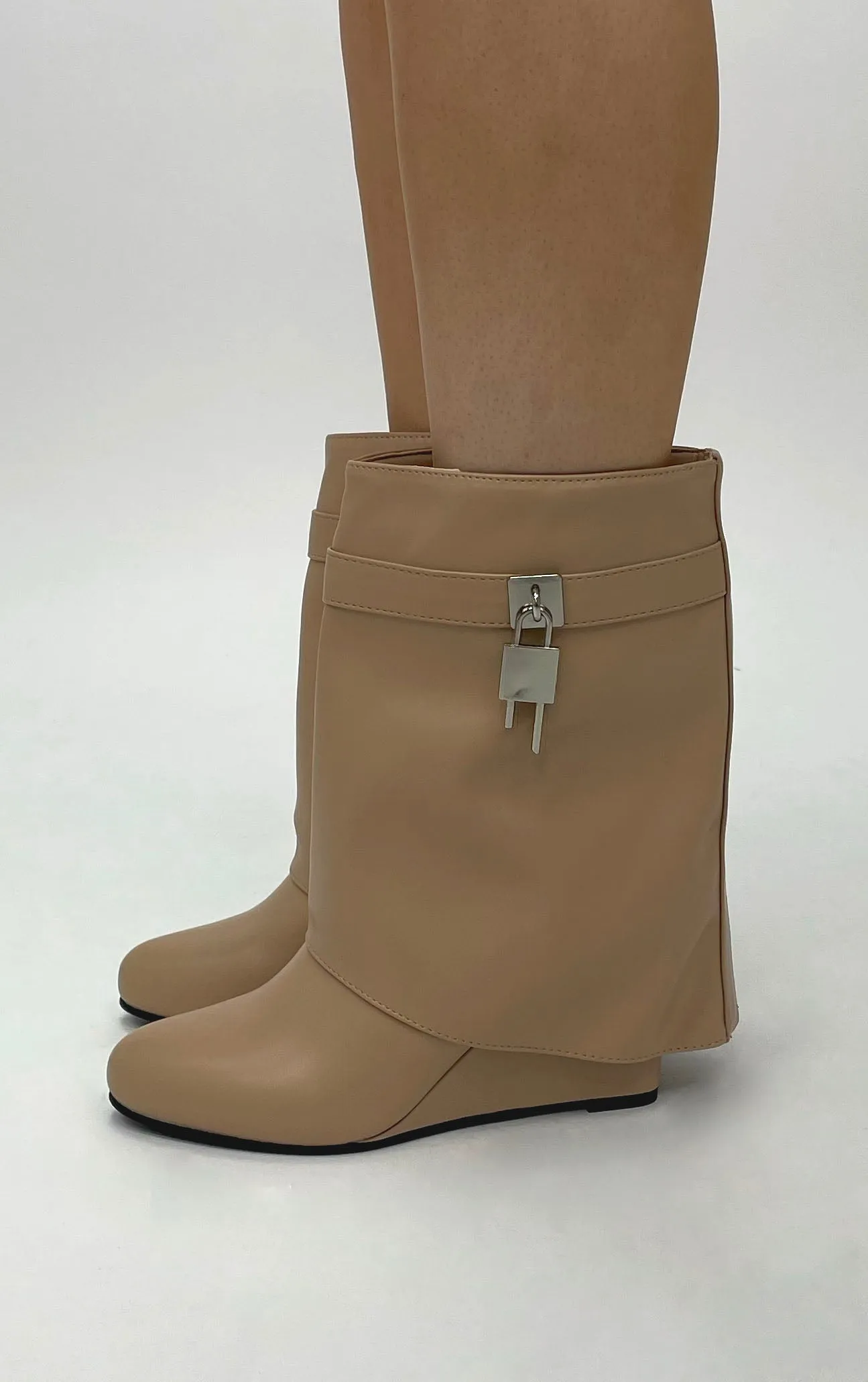 Beige PU Wedge Padlock Ankle Fold Over Shark Boots