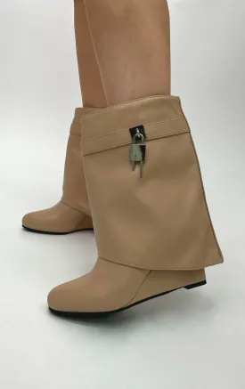 Beige PU Wedge Padlock Ankle Fold Over Shark Boots