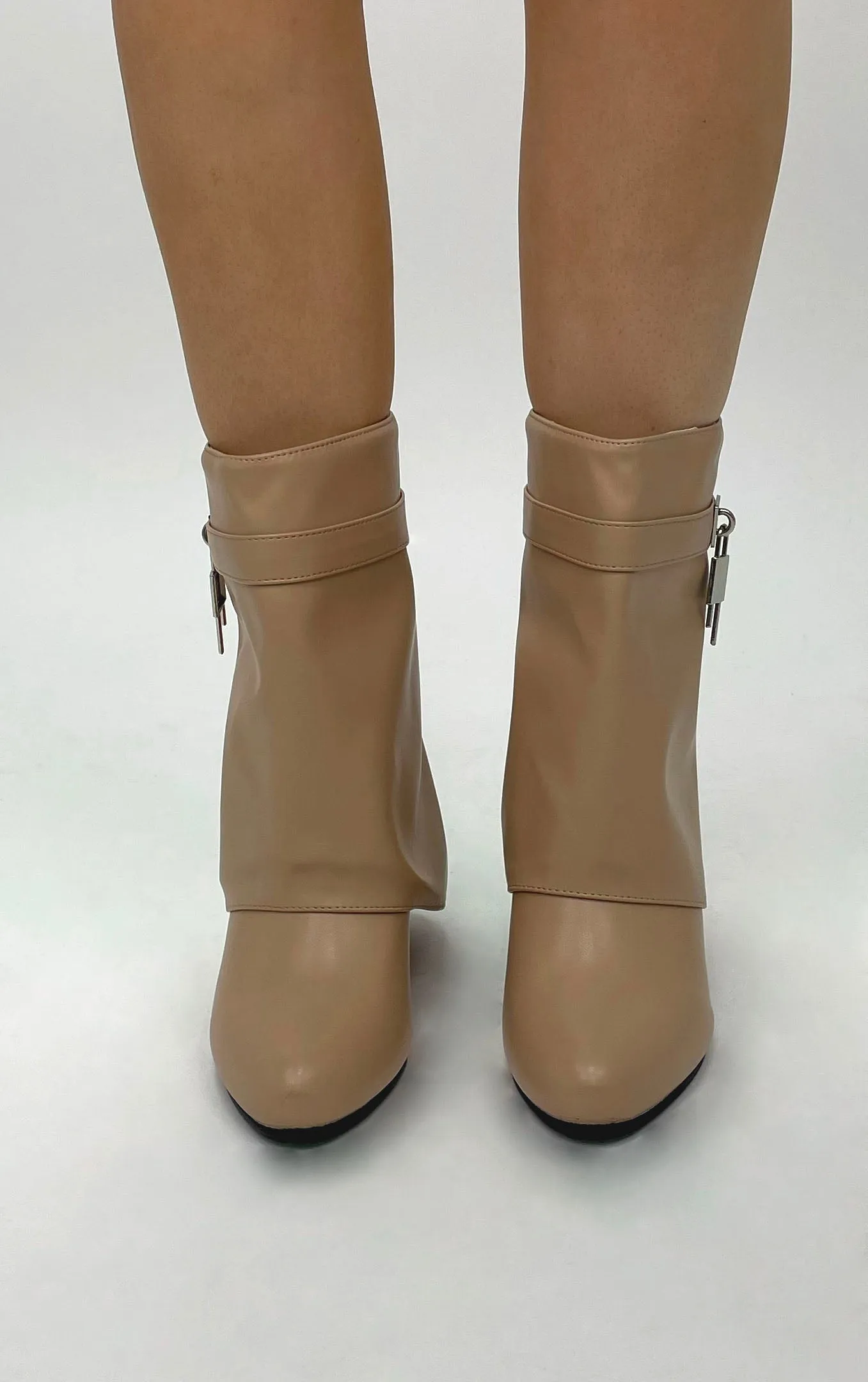 Beige PU Wedge Padlock Ankle Fold Over Shark Boots