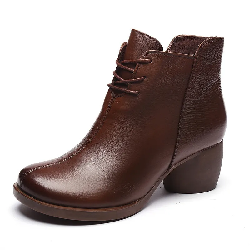 Boots - Retro Leather Comfortable Short Ankle Thick Heel Women Boots