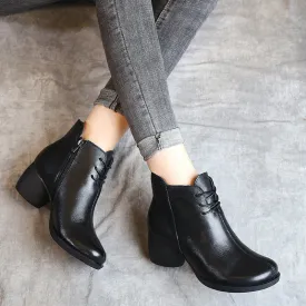 Boots - Retro Leather Comfortable Short Ankle Thick Heel Women Boots