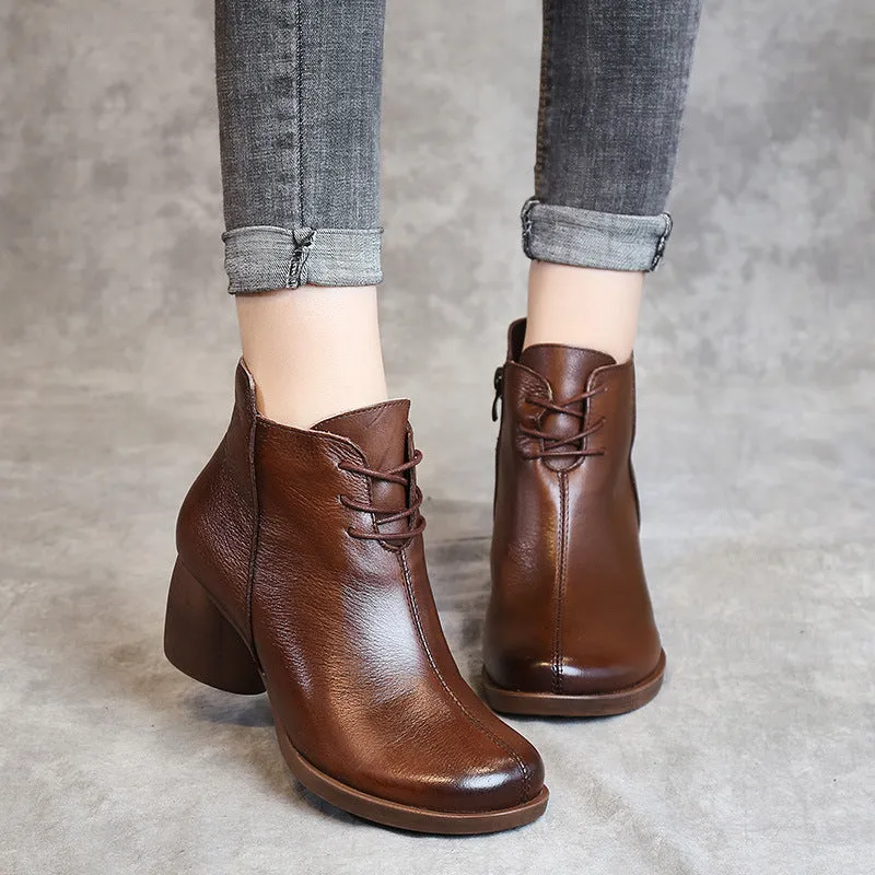 Boots - Retro Leather Comfortable Short Ankle Thick Heel Women Boots