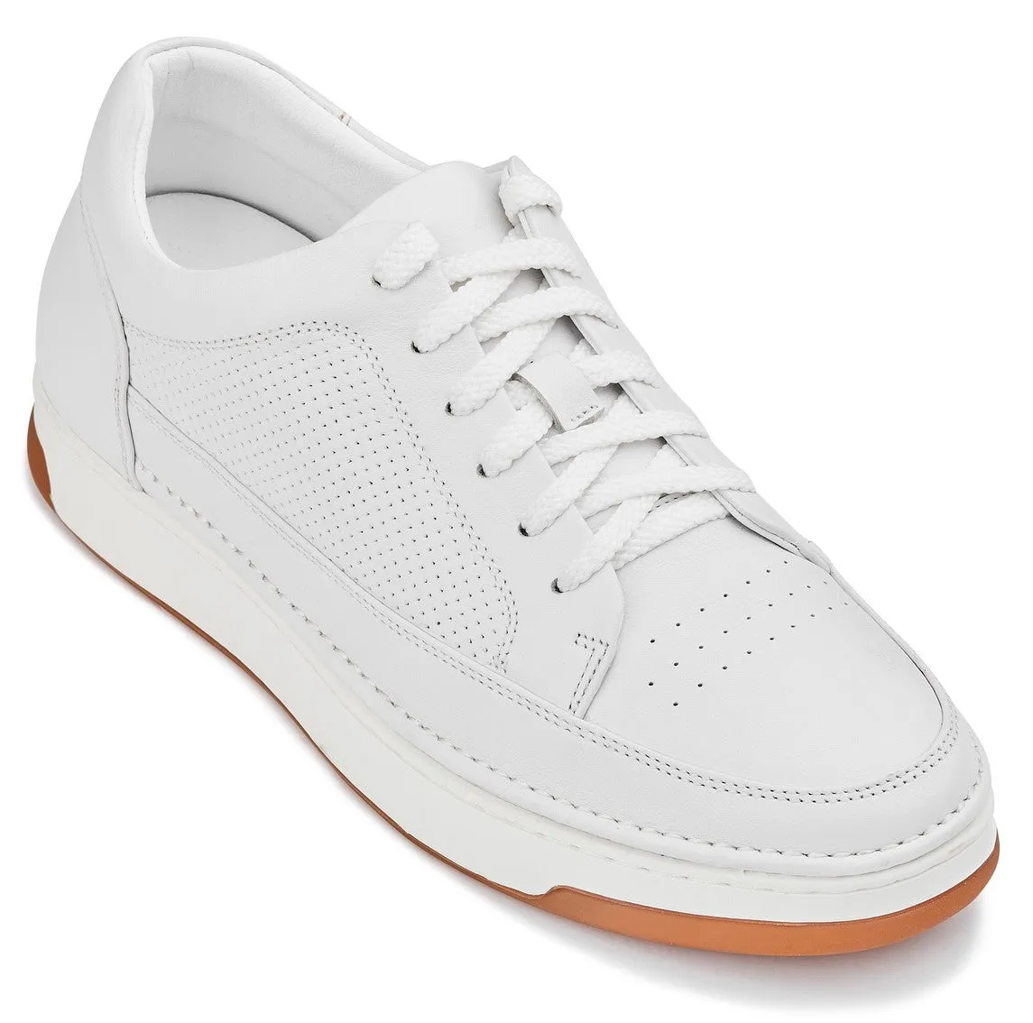 CALTO - Y7932 - 2.6 Inches Taller (White/Off-White & Gum Sole) - Elevated Micro-Perforated Leather Sneakers