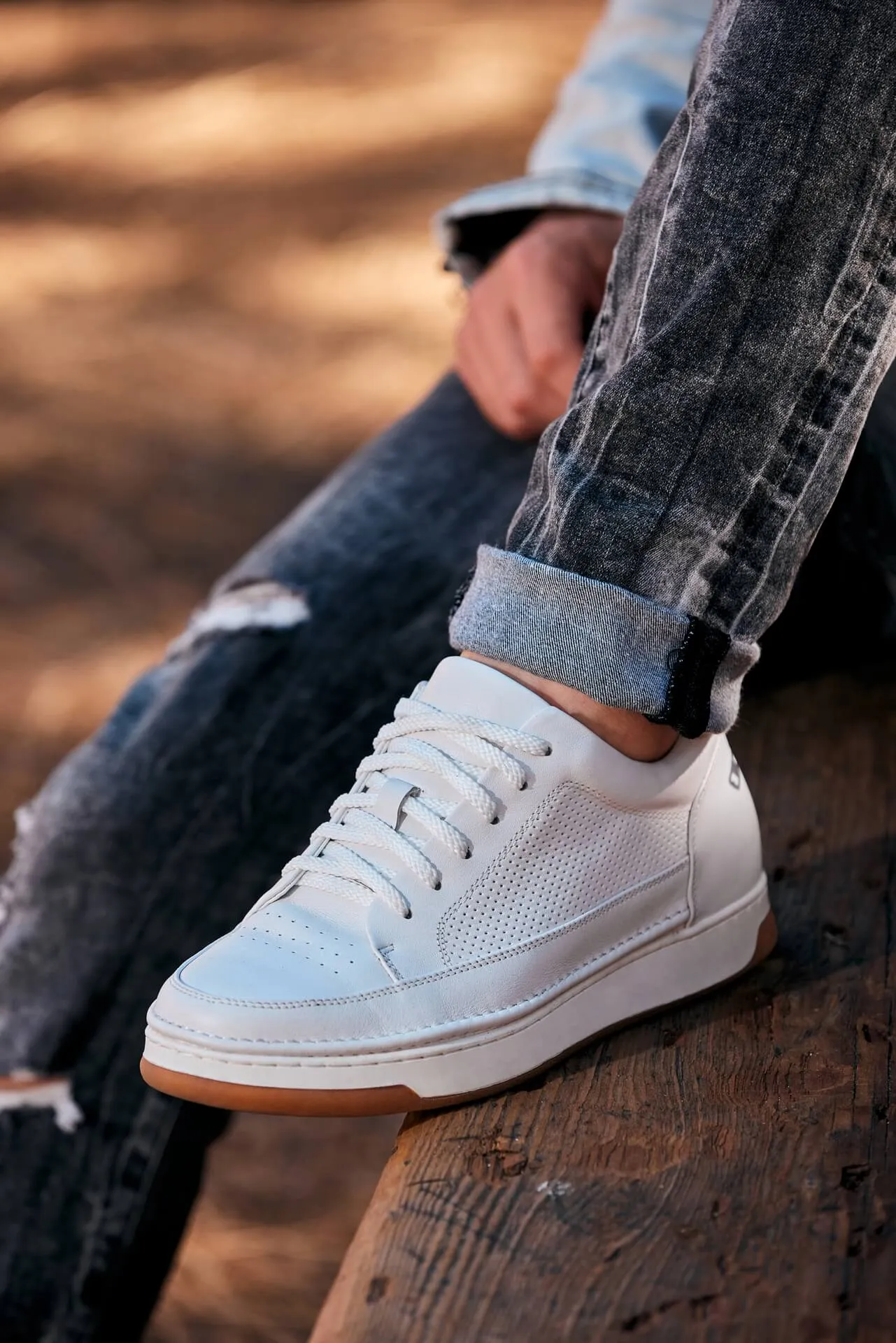 CALTO - Y7932 - 2.6 Inches Taller (White/Off-White & Gum Sole) - Elevated Micro-Perforated Leather Sneakers