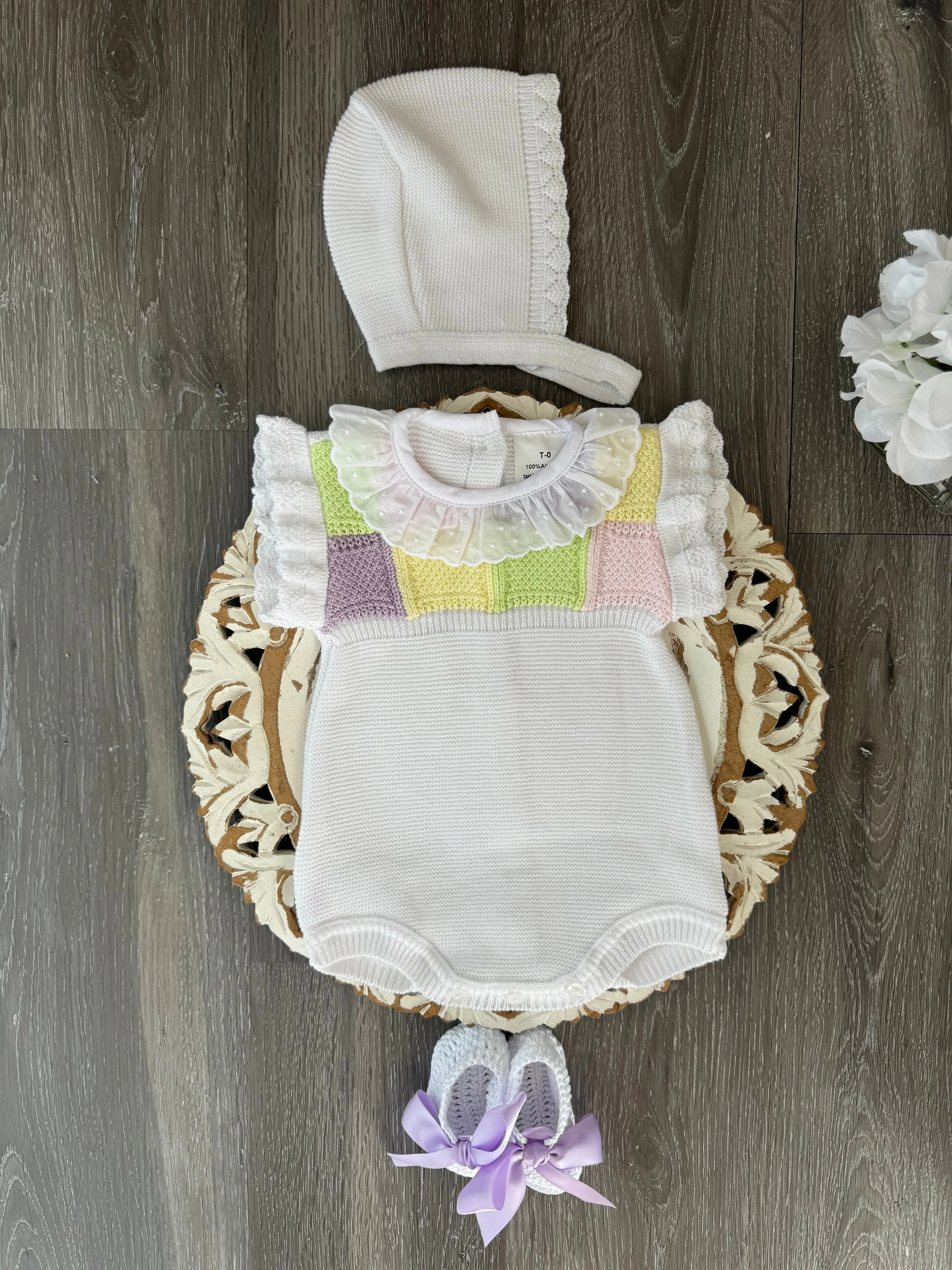 Colored Knit Squares With Ruffle Collar Short Knitted Romper Set in White and Purple