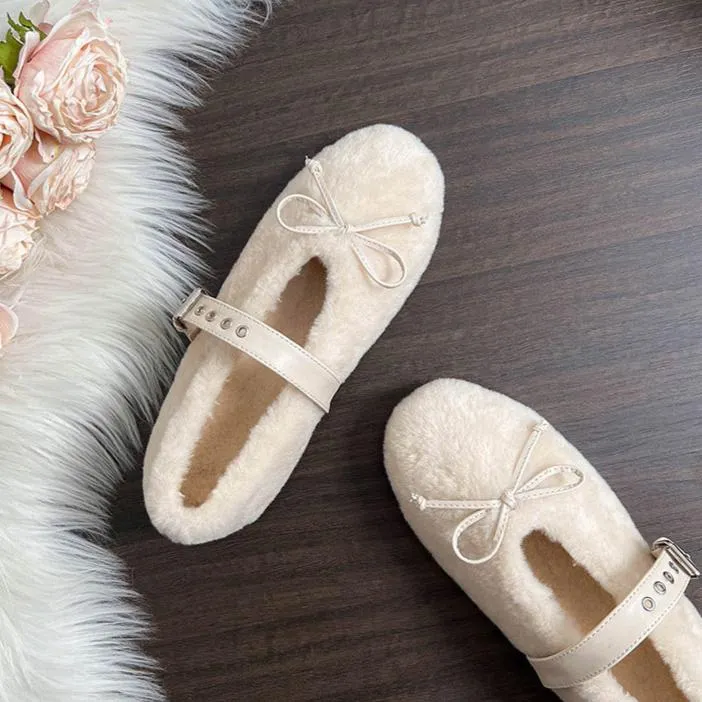 Faux-Fur Loafers Mary Jane Bowknot Inner Height Increase Women's Shoes for Winter