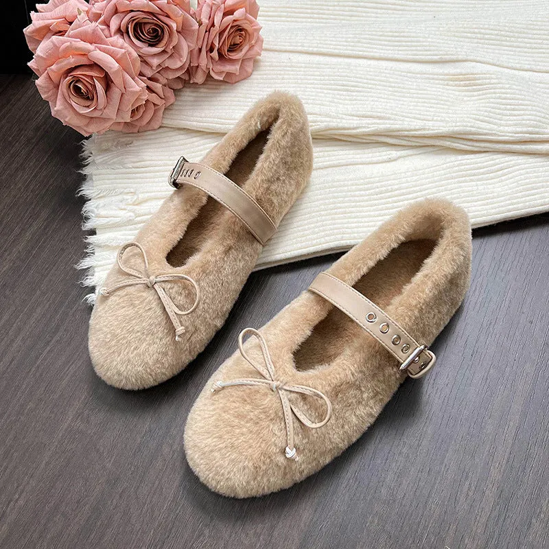 Faux-Fur Loafers Mary Jane Bowknot Inner Height Increase Women's Shoes for Winter