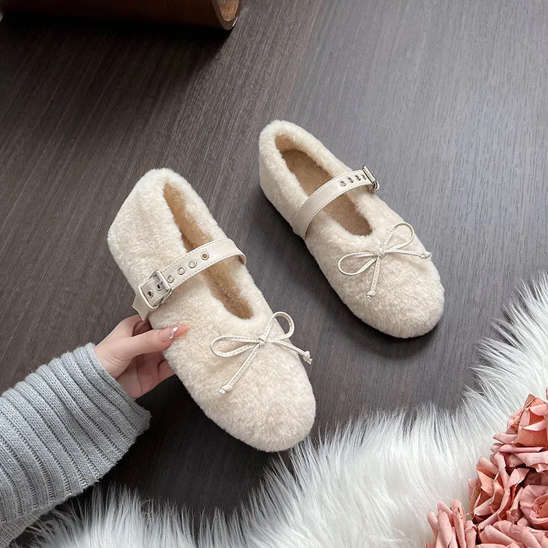 Faux-Fur Loafers Mary Jane Bowknot Inner Height Increase Women's Shoes for Winter