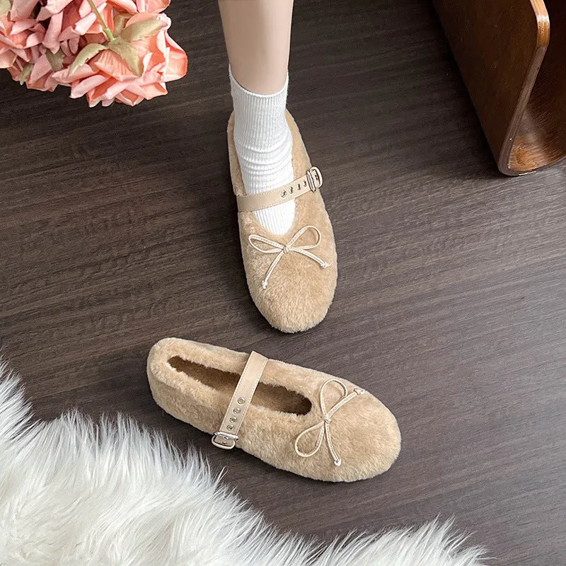 Faux-Fur Loafers Mary Jane Bowknot Inner Height Increase Women's Shoes for Winter