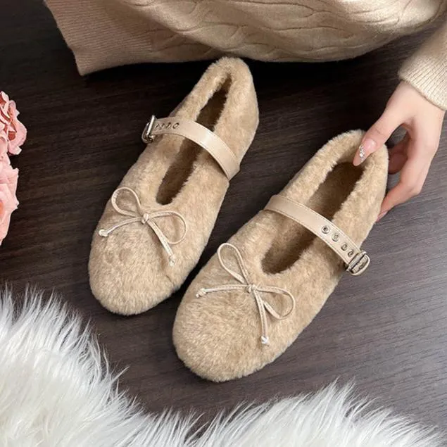 Faux-Fur Loafers Mary Jane Bowknot Inner Height Increase Women's Shoes for Winter