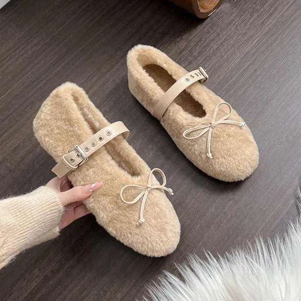 Faux-Fur Loafers Mary Jane Bowknot Inner Height Increase Women's Shoes for Winter