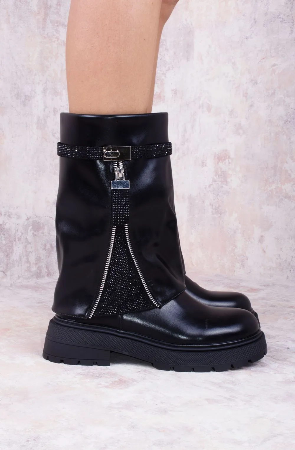 Fold Over Mid Calf Biker Boot with Rhinestone Detailing