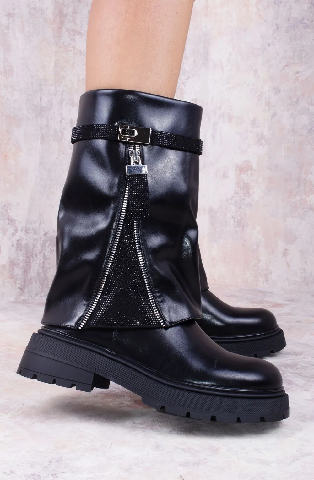 Fold Over Mid Calf Biker Boot with Rhinestone Detailing