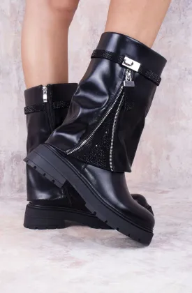 Fold Over Mid Calf Biker Boot with Rhinestone Detailing