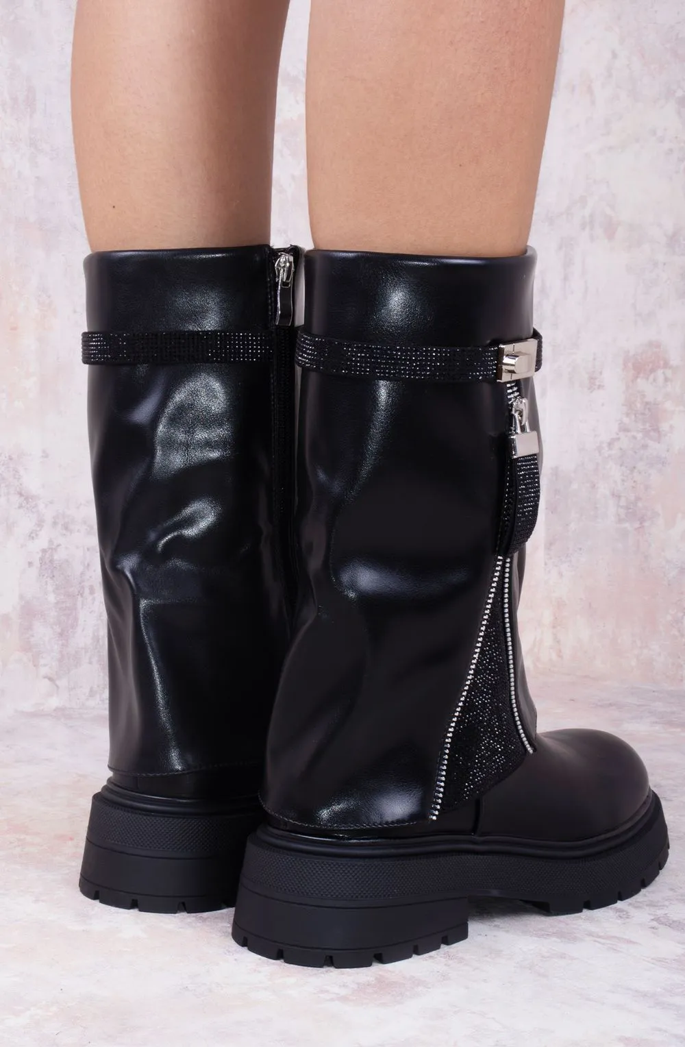 Fold Over Mid Calf Biker Boot with Rhinestone Detailing