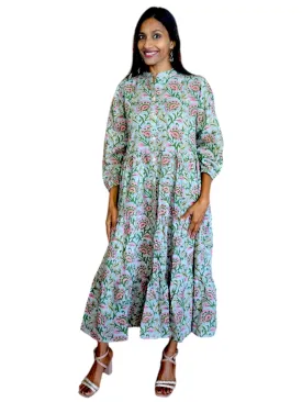 Melange - Indian Block Print Front Button Tiered Midi Dress - Pale Blue Floral