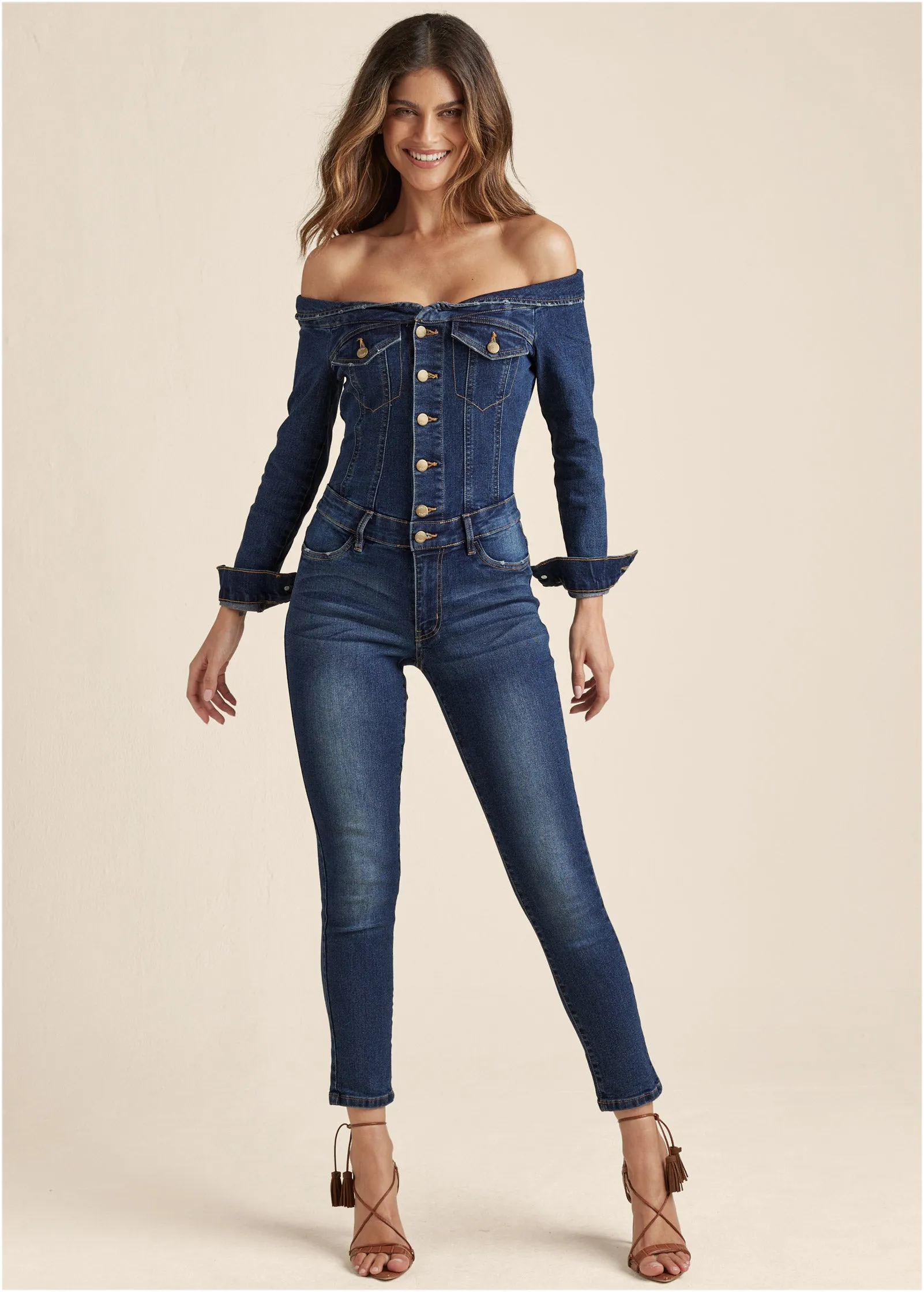 Off-The-Shoulder Denim Jumpsuit - Dark Wash