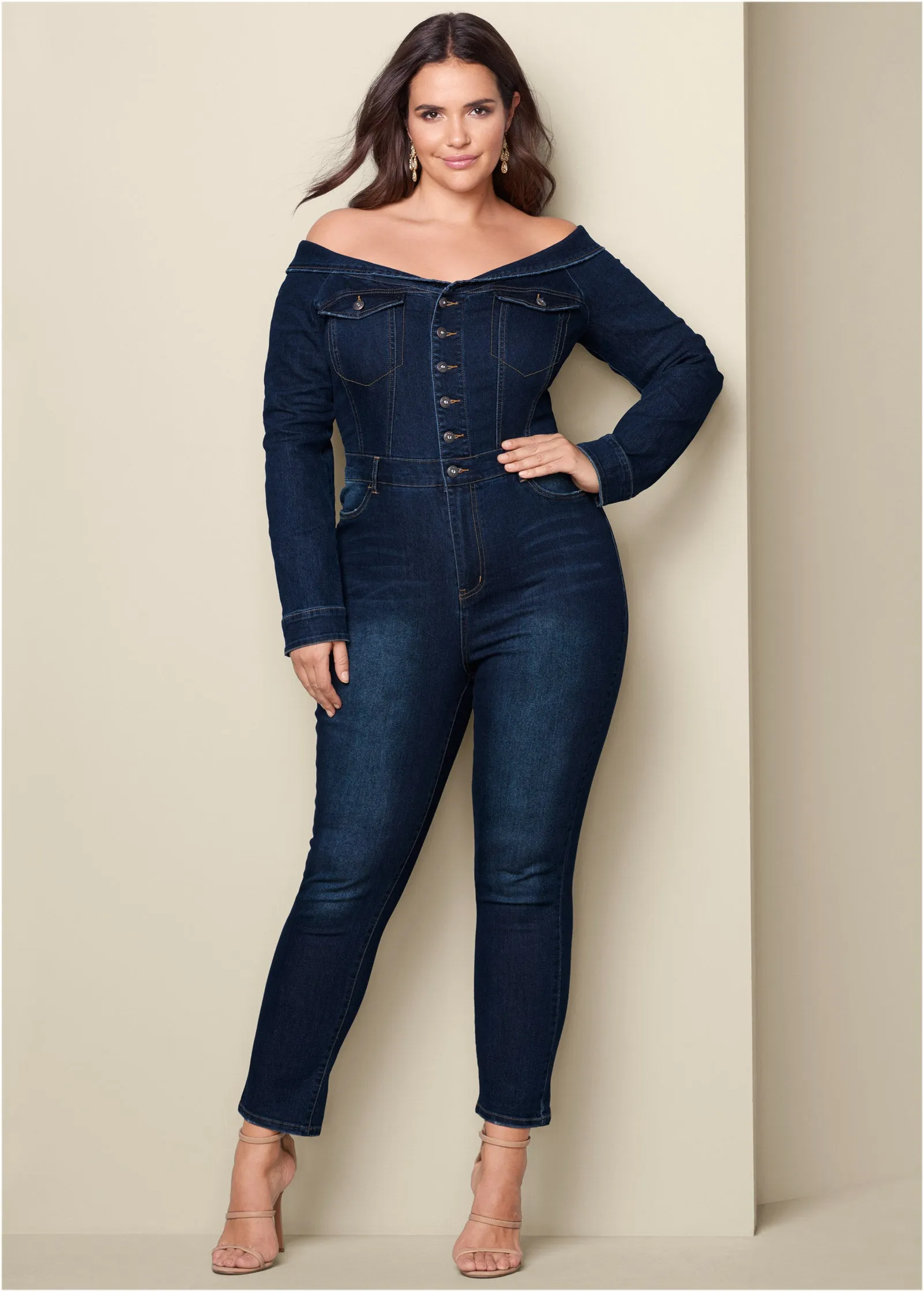 Off-The-Shoulder Denim Jumpsuit - Dark Wash