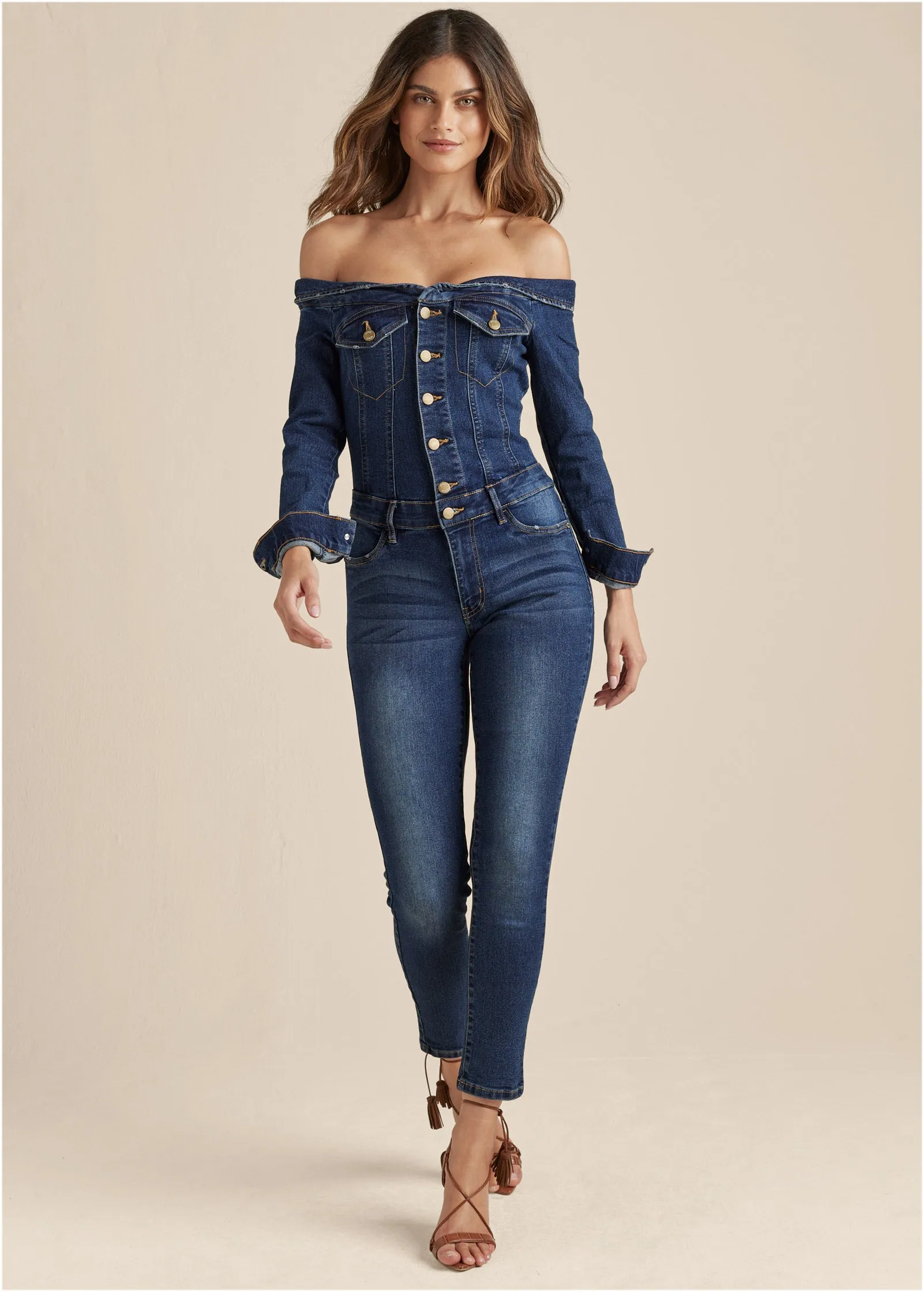 Off-The-Shoulder Denim Jumpsuit - Dark Wash