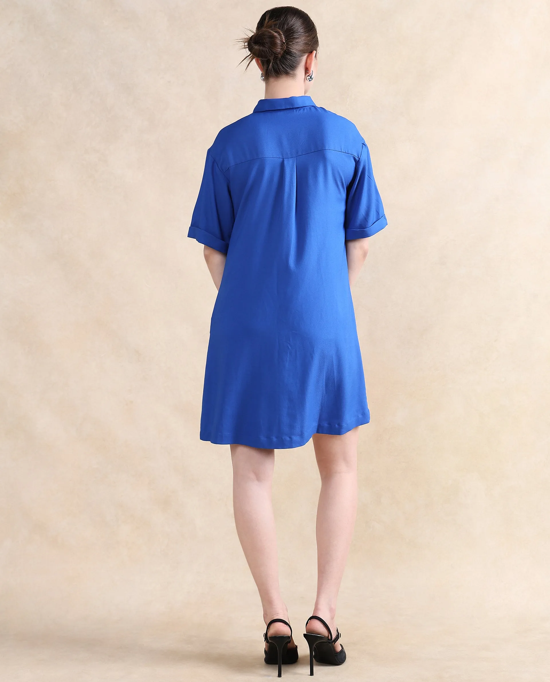 Rareism Women Dilijan Blue Regular Sleeves Collared Neck Button Closure Asymmetric Knee Length Plain Dress