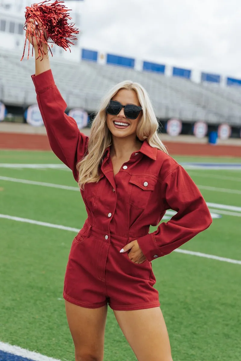 Red Long Sleeve Denim Romper - FINAL SALE