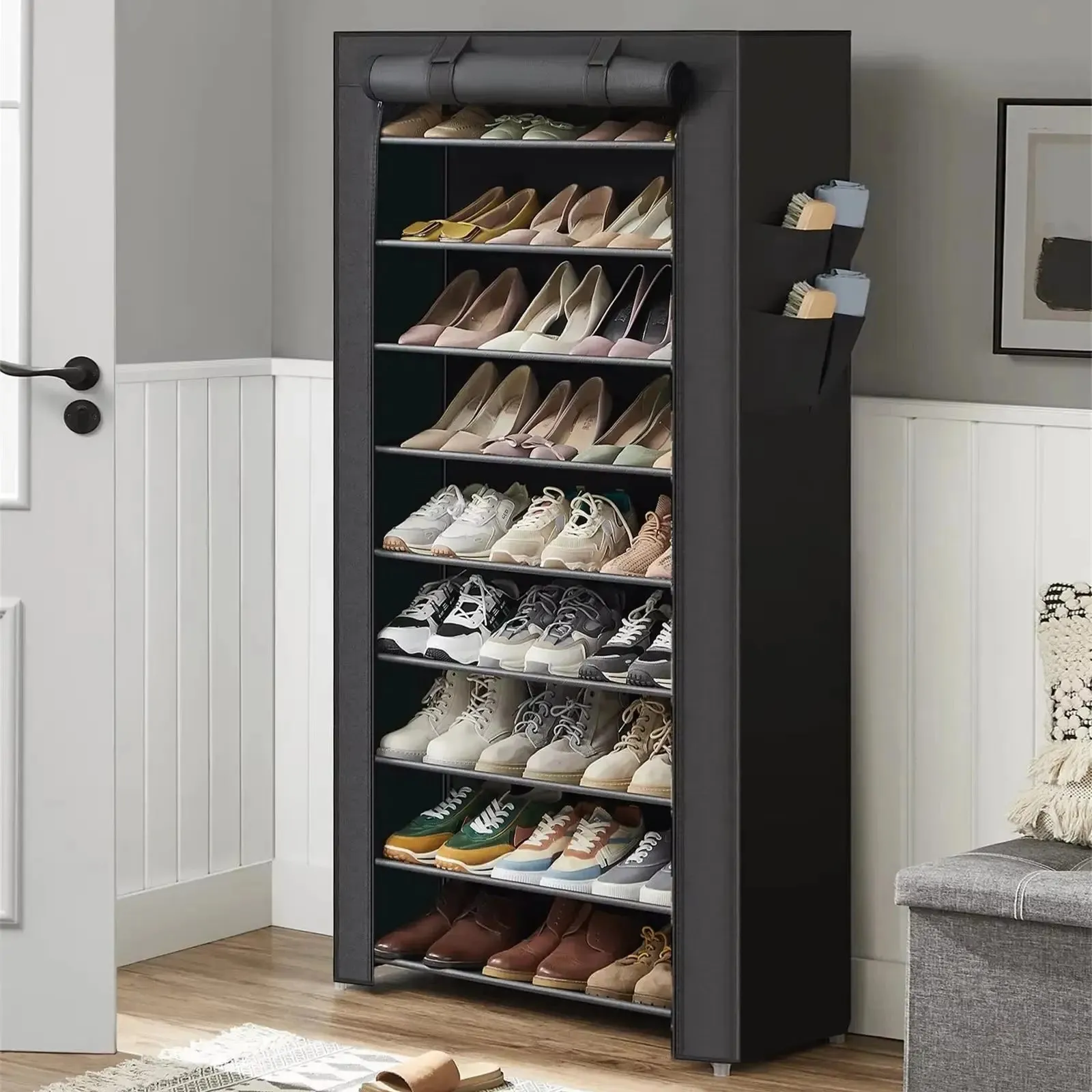 shoe cabinet 10-Tier Shoe Cabinet with Roll-Up Door Space Saving Shoe Shelf Plastic Shoes Cabinet Organizer Shelf