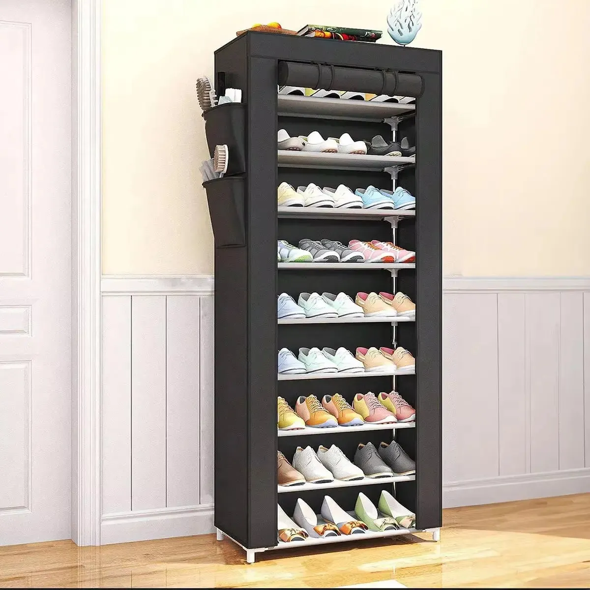 shoe cabinet 10-Tier Shoe Cabinet with Roll-Up Door Space Saving Shoe Shelf Plastic Shoes Cabinet Organizer Shelf