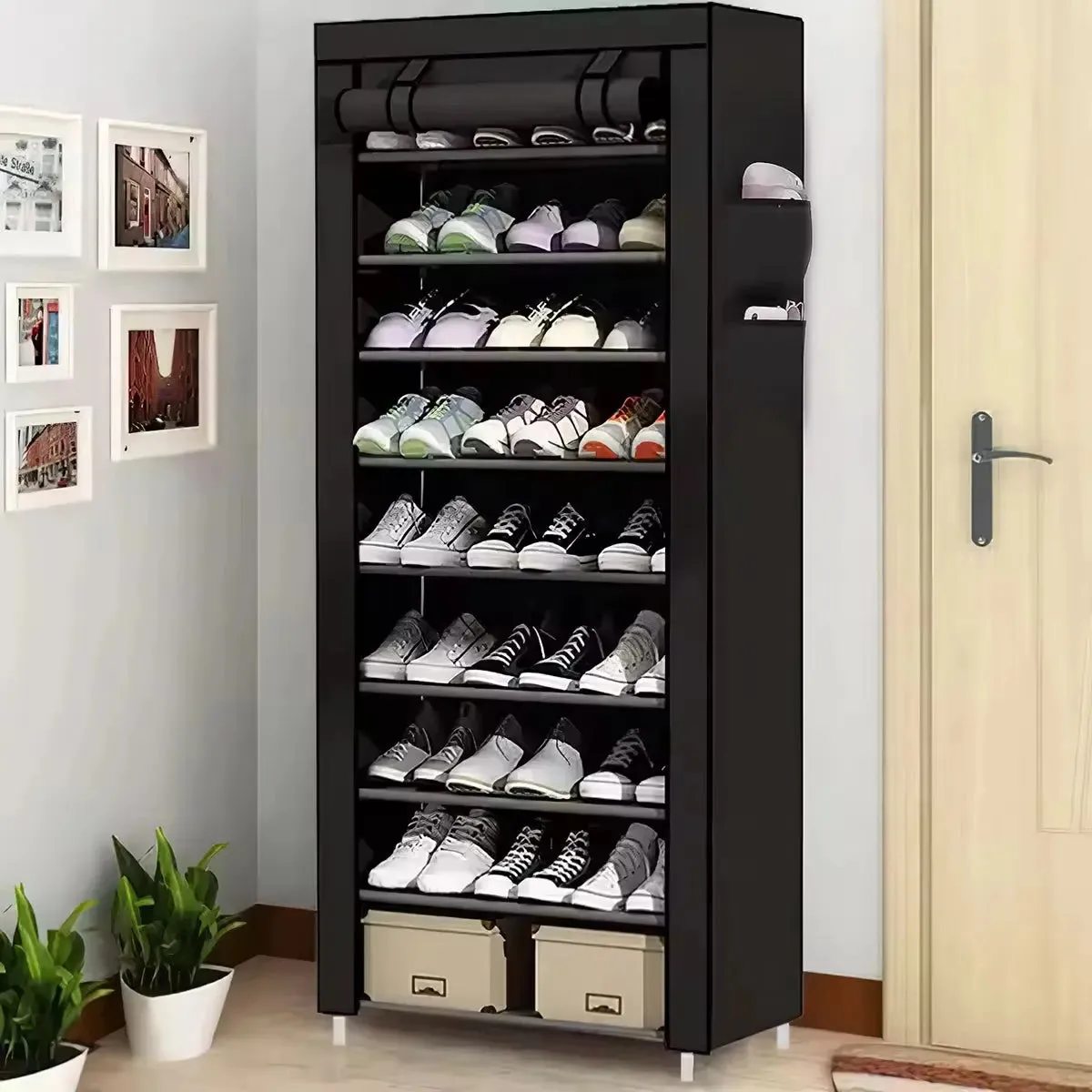 shoe cabinet 10-Tier Shoe Cabinet with Roll-Up Door Space Saving Shoe Shelf Plastic Shoes Cabinet Organizer Shelf