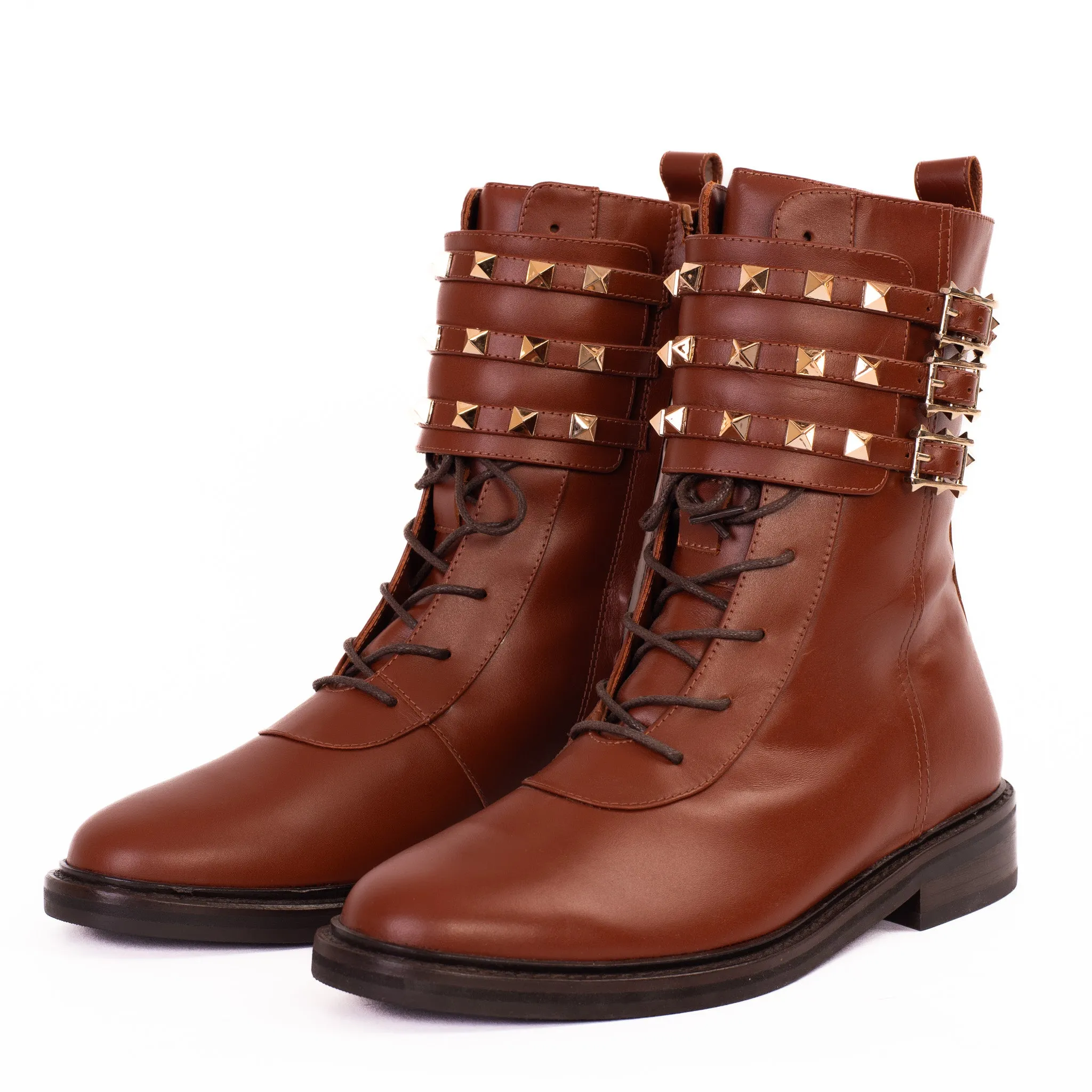 The Doncaster Brown Leather Lace-Up Mid Calf Women Boot With a Side Zipper