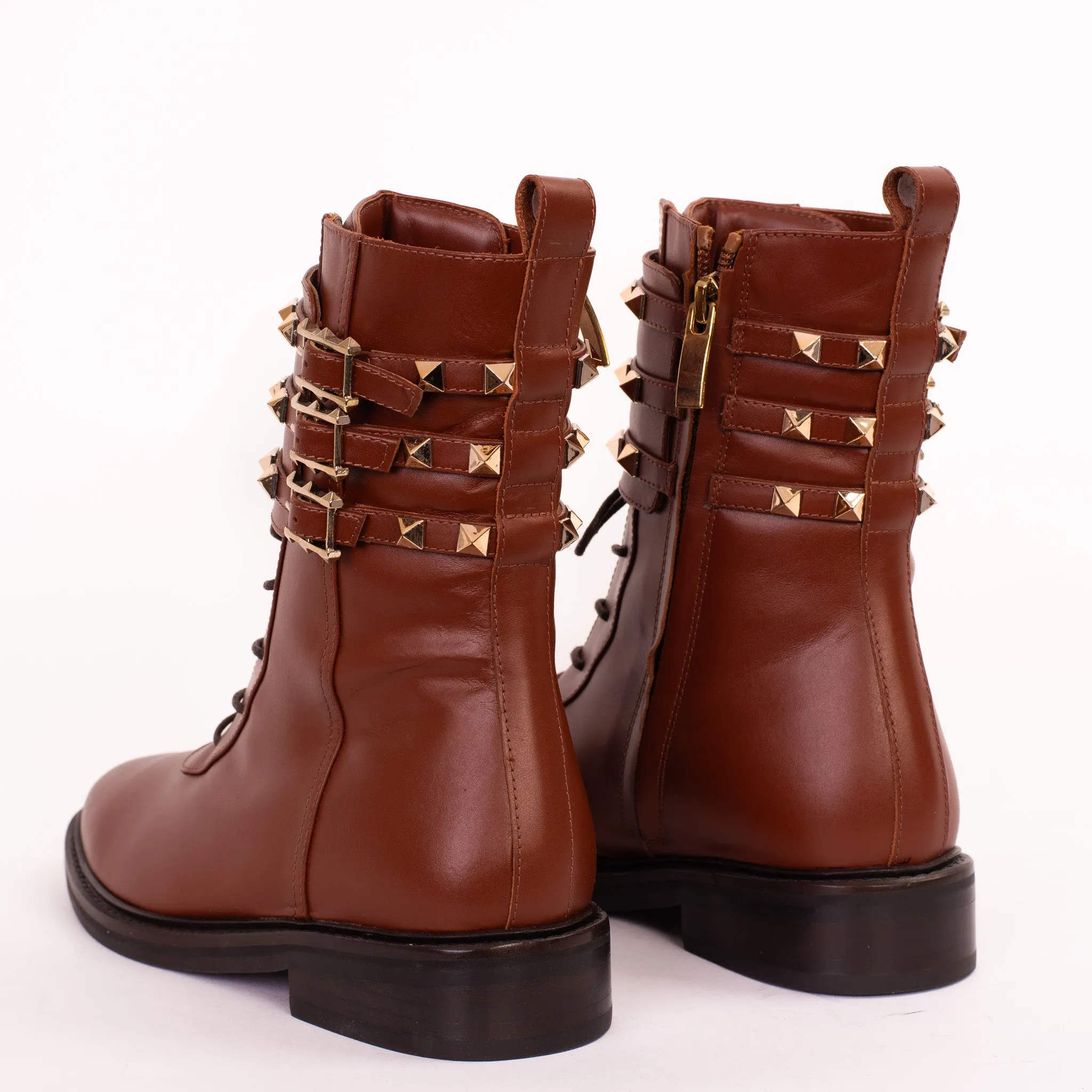 The Doncaster Brown Leather Lace-Up Mid Calf Women Boot With a Side Zipper