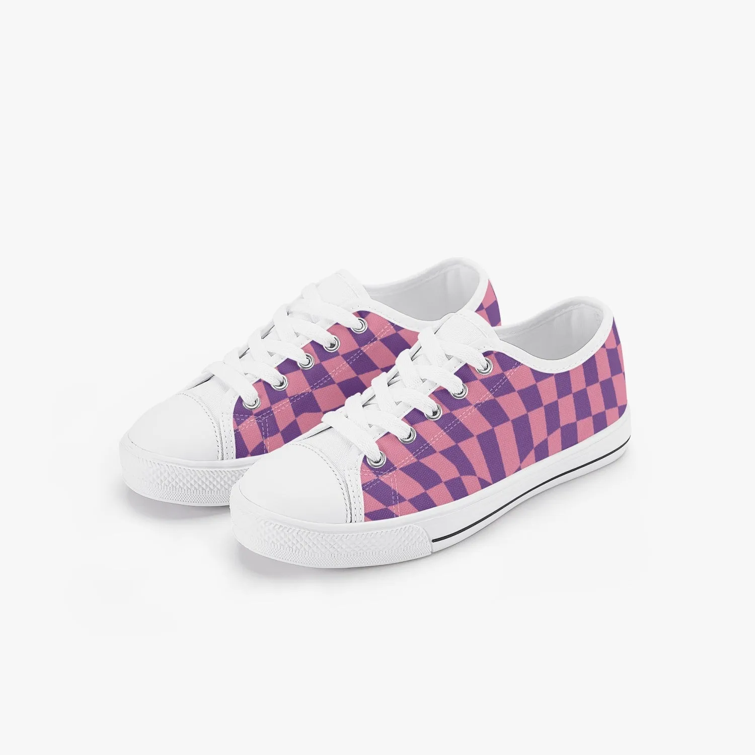 Wavy Checkerboard Pink and Purple Kid’s Low-Top Canvas Shoes, Kid's Sneakers, Trendy shoes for kids