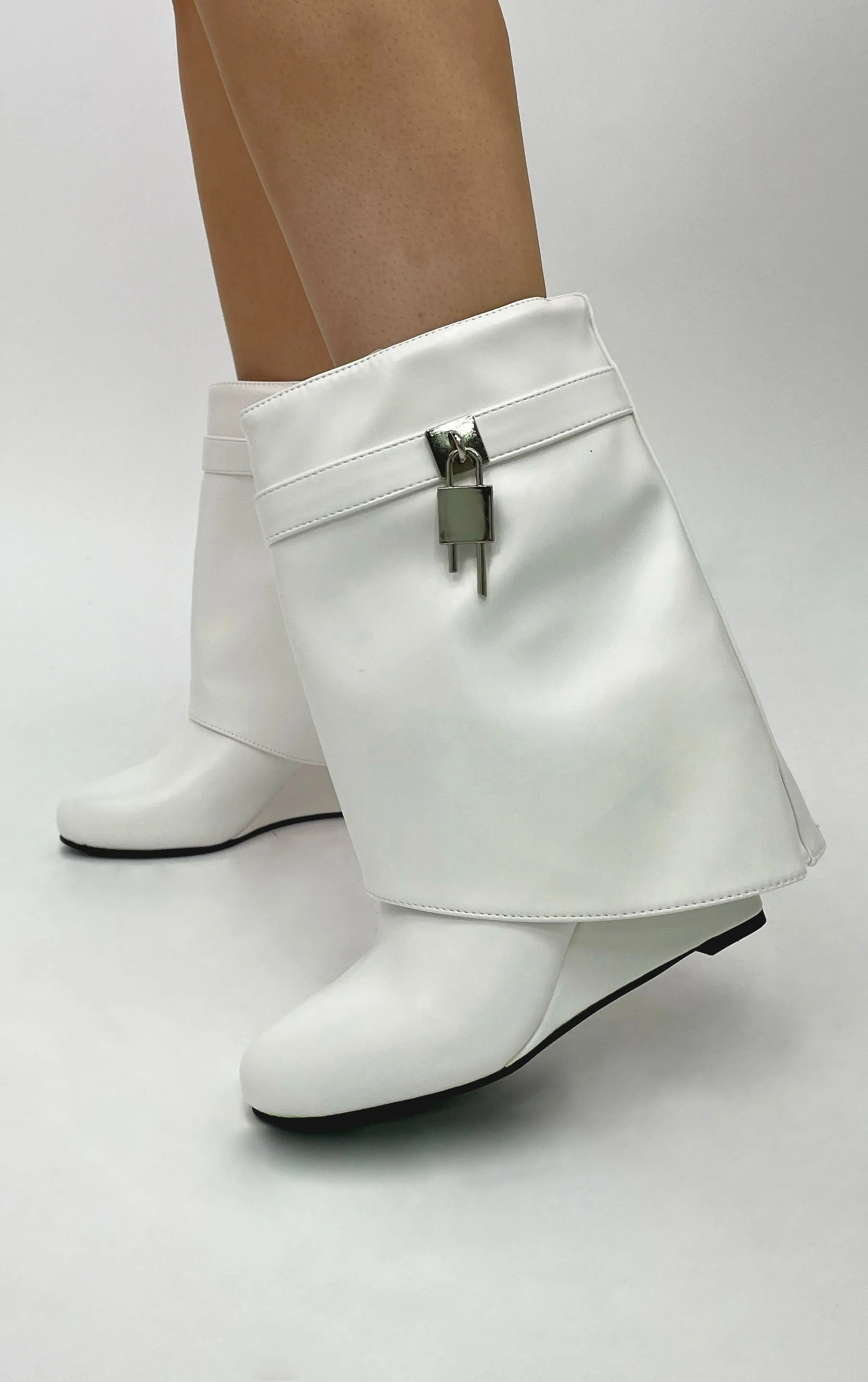 White PU Wedge Padlock Ankle Fold Over Shark Boots