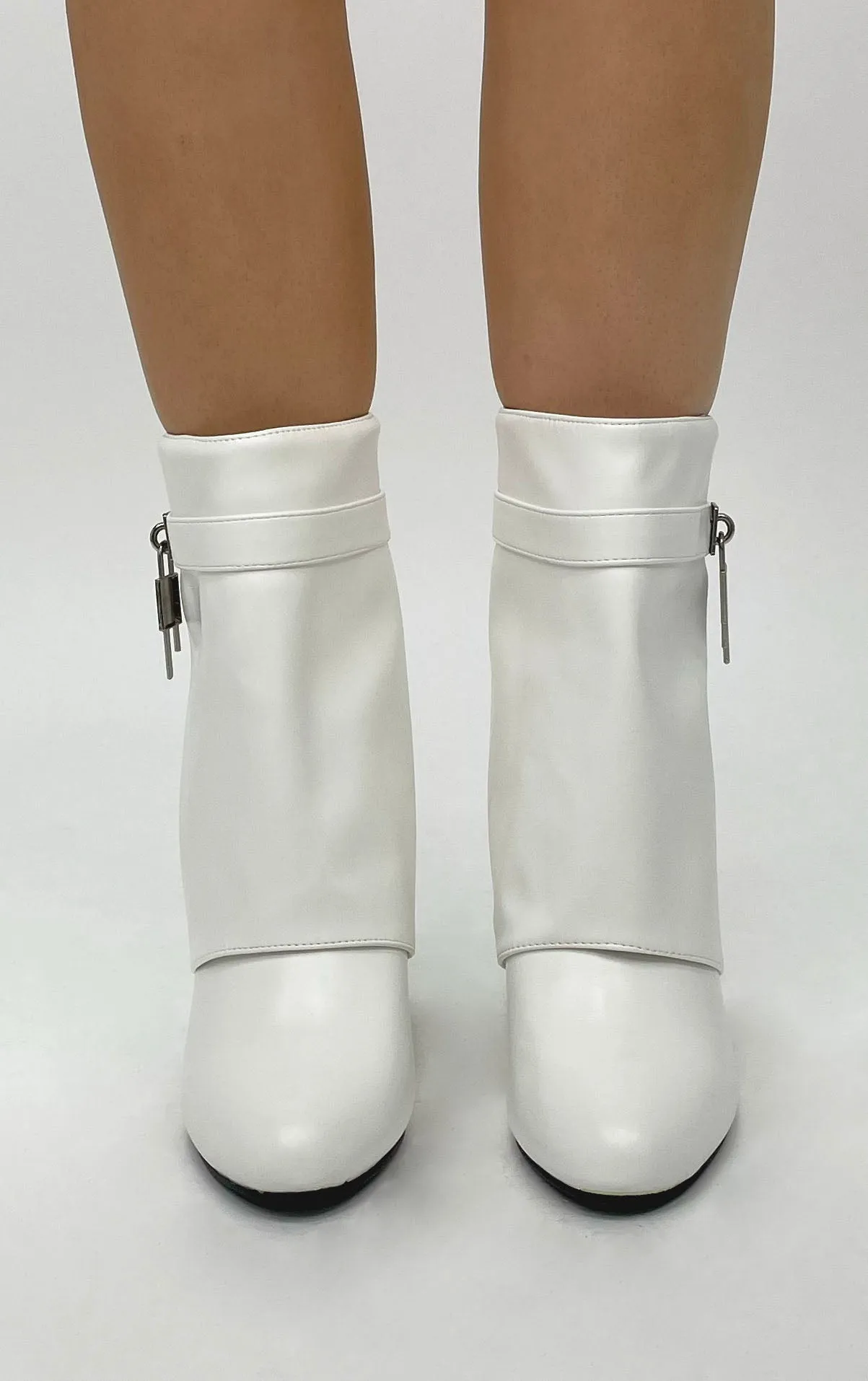 White PU Wedge Padlock Ankle Fold Over Shark Boots