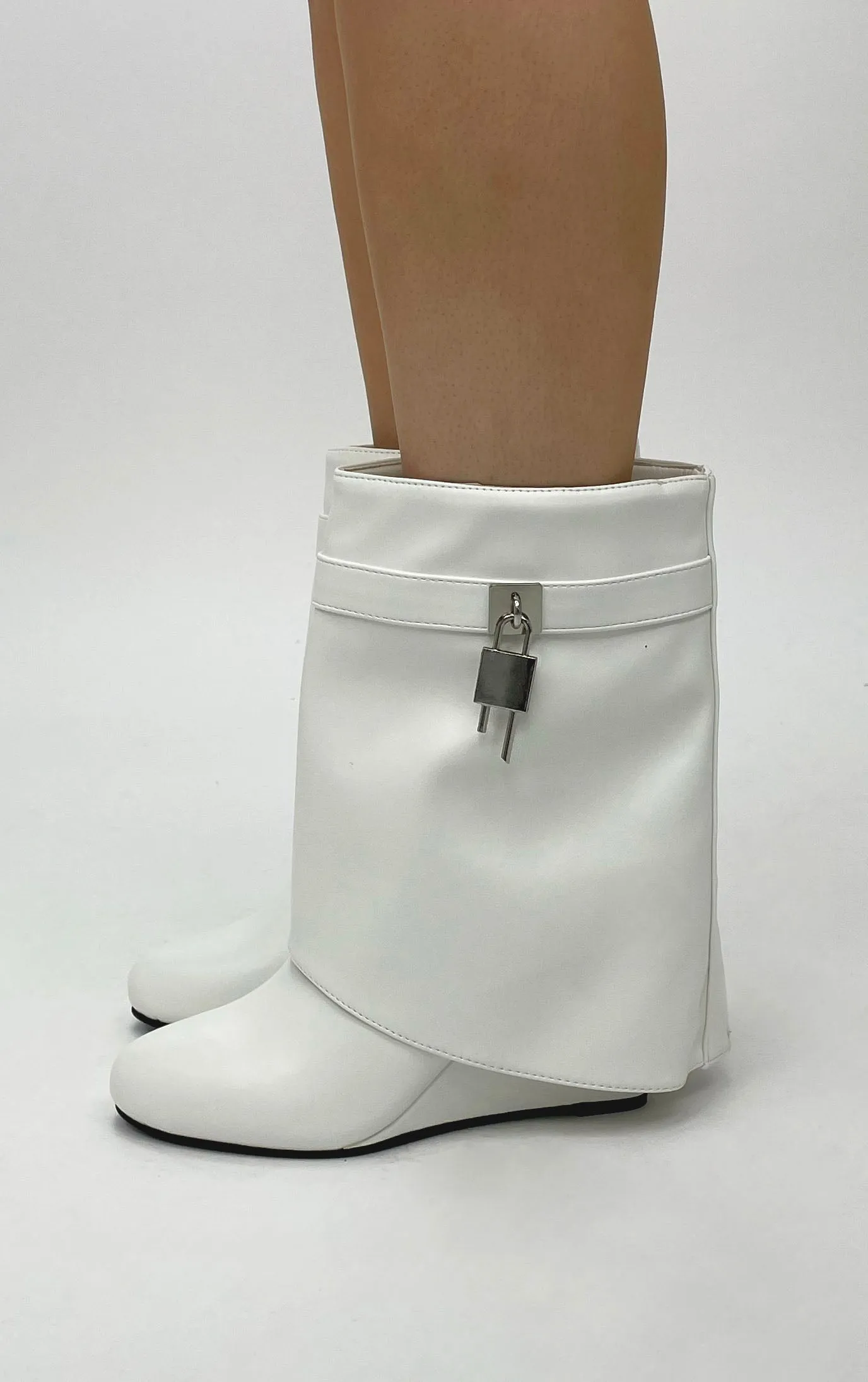 White PU Wedge Padlock Ankle Fold Over Shark Boots