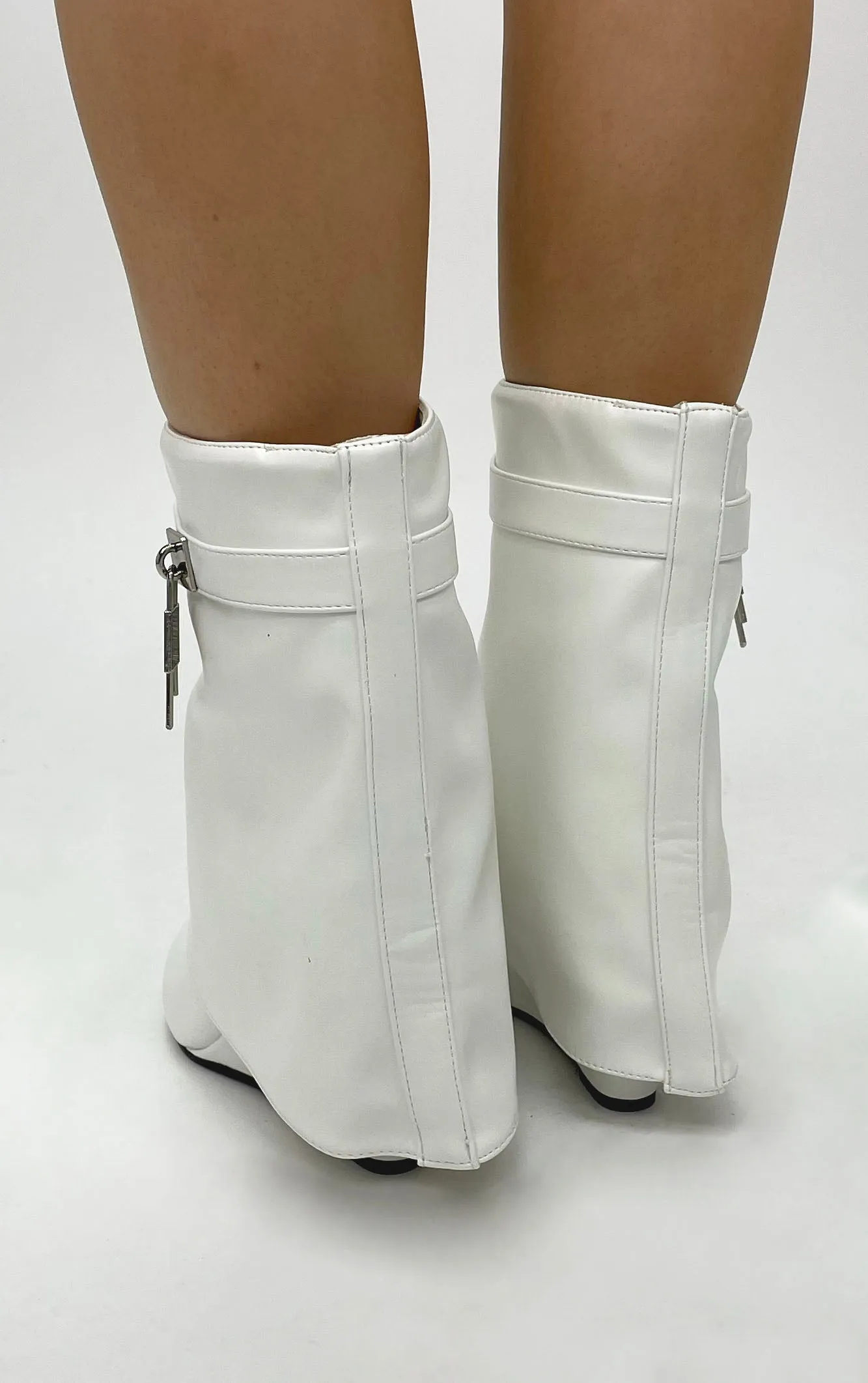 White PU Wedge Padlock Ankle Fold Over Shark Boots