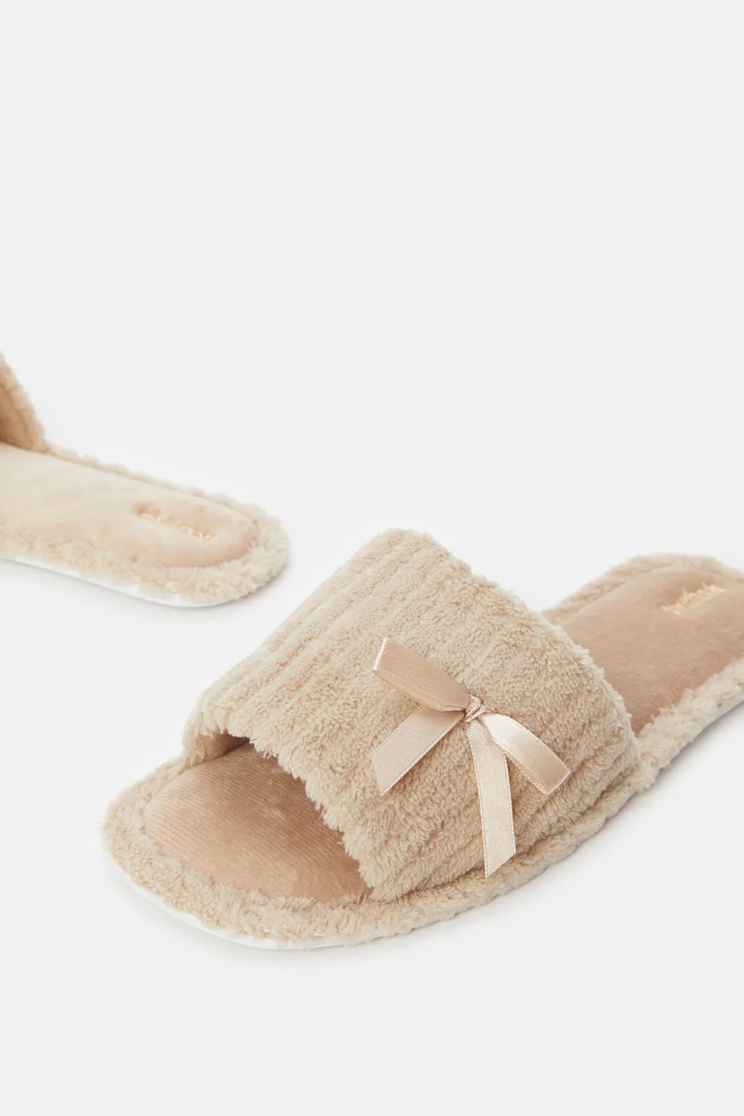 Women Taupe Slipper With Bow Trim