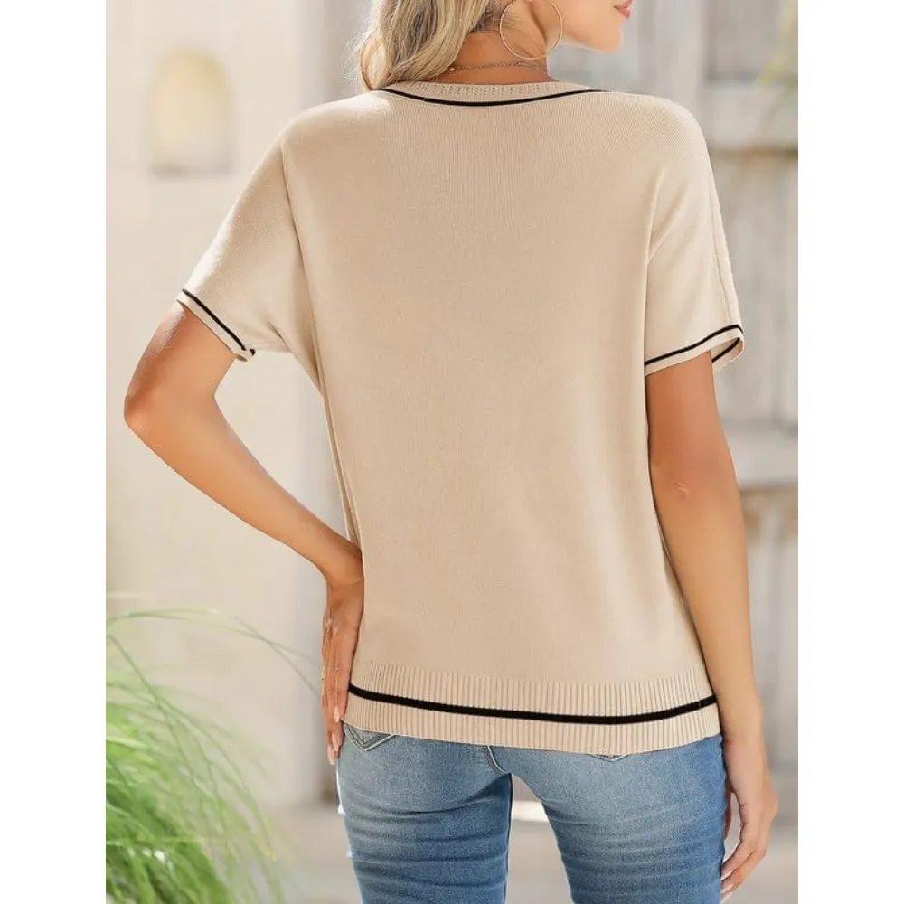 Women's Soft Knit Summer Tops - Crewneck Lightweight Short Sleeve Shirts-Apricot