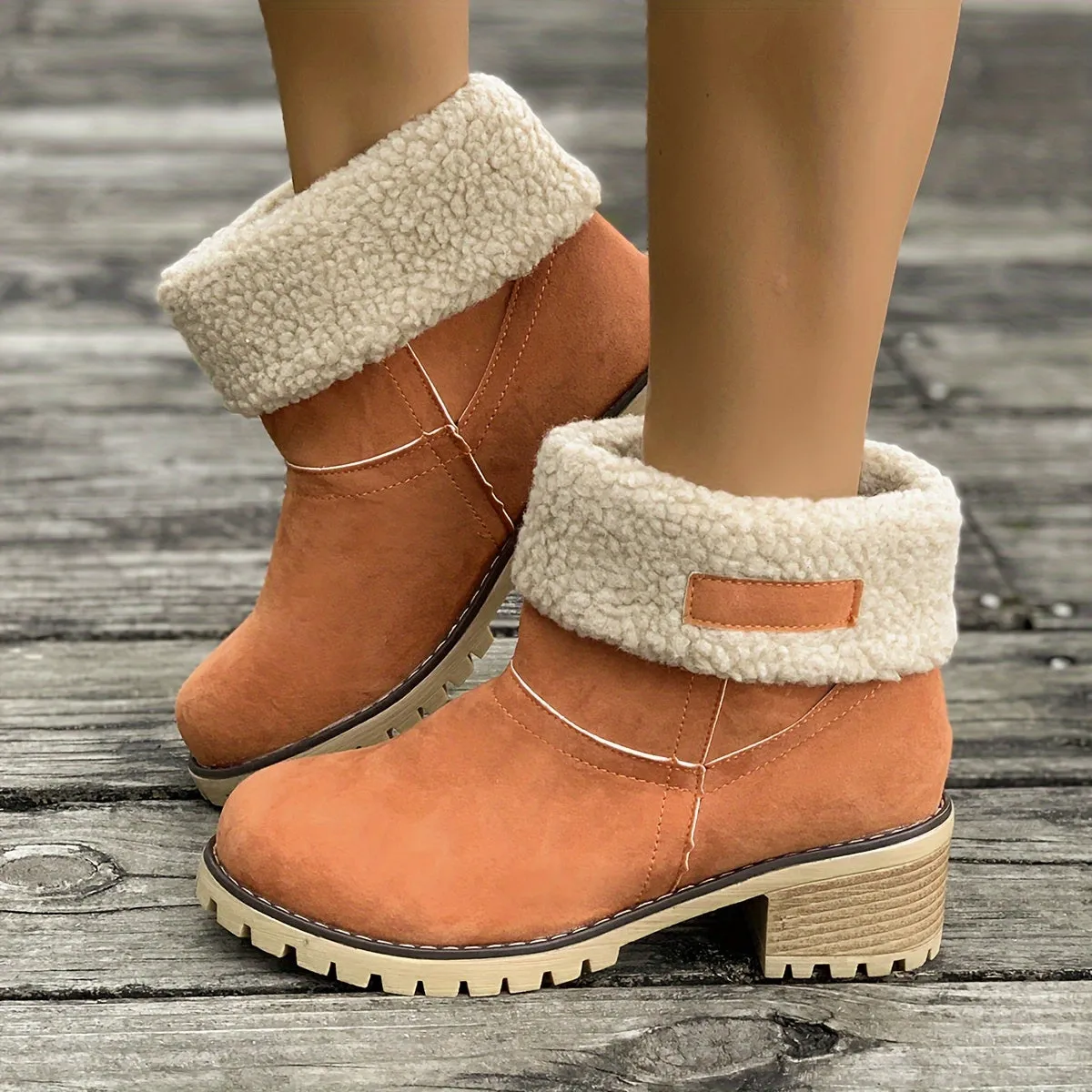 Women's Warm Plush Lined Boots, Chunky Heeled Ankle Boots, Classic & Comfortable Chelsea Boots