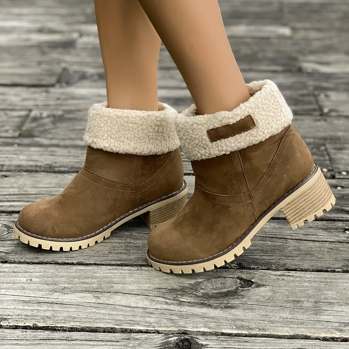 Women's Warm Plush Lined Boots, Chunky Heeled Ankle Boots, Classic & Comfortable Chelsea Boots